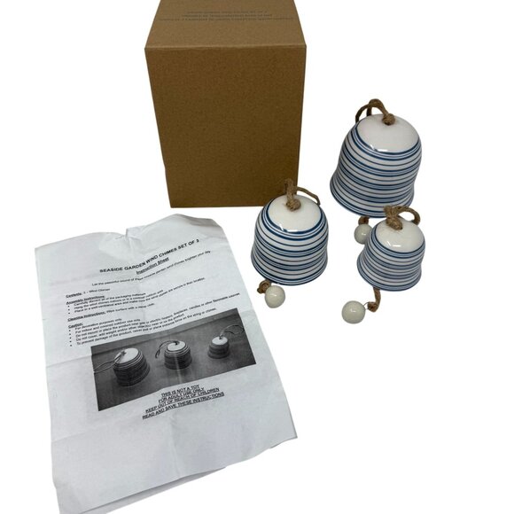 Seaside Garden Wind Chimes Ceramic Bells Blue Stripes Rope Outdoor Decor Avon - Picture 1 of 7